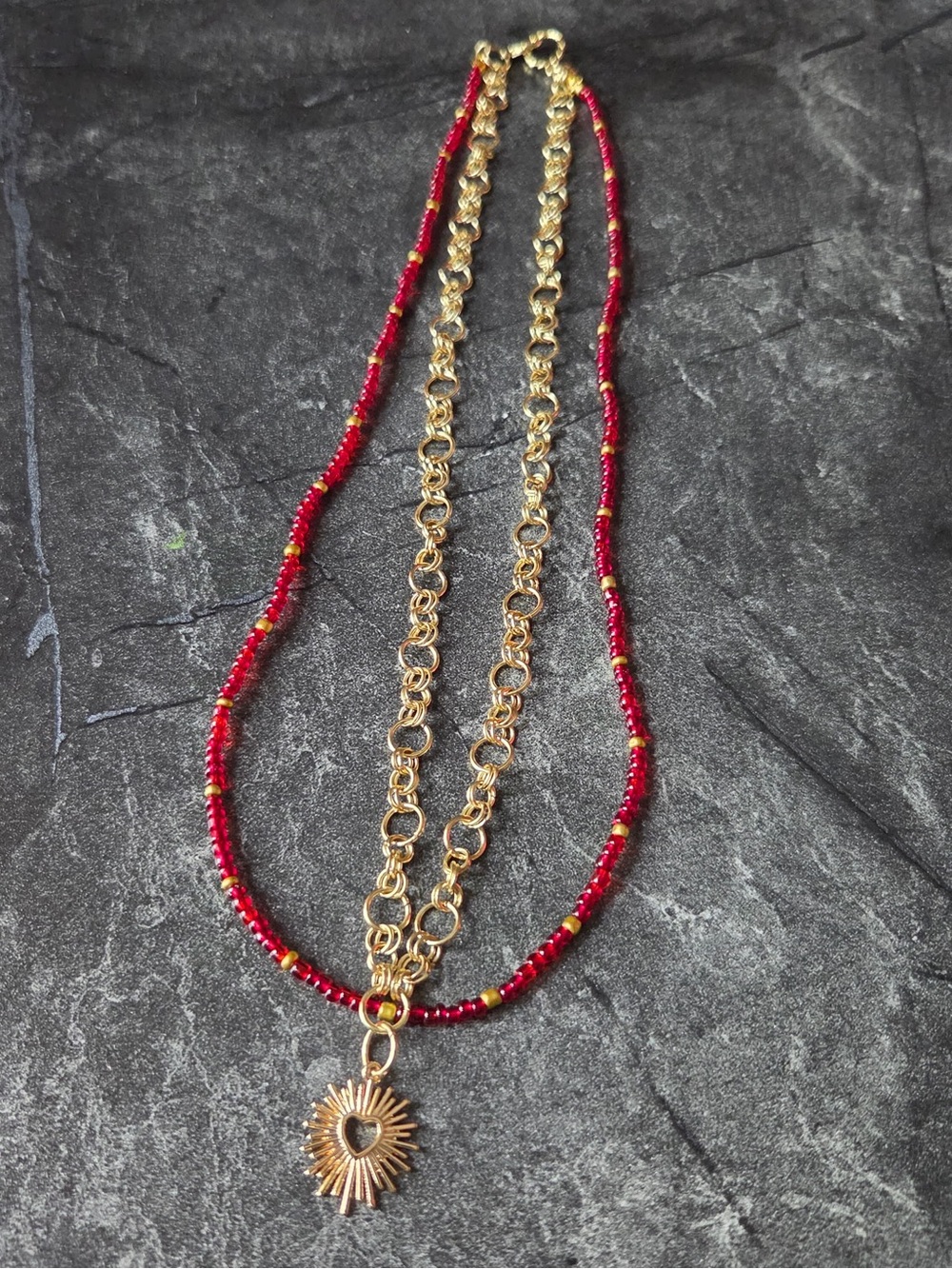 ☀️Gold Sunburst Heart Pendant Necklace with Red Beaded Strand☀️